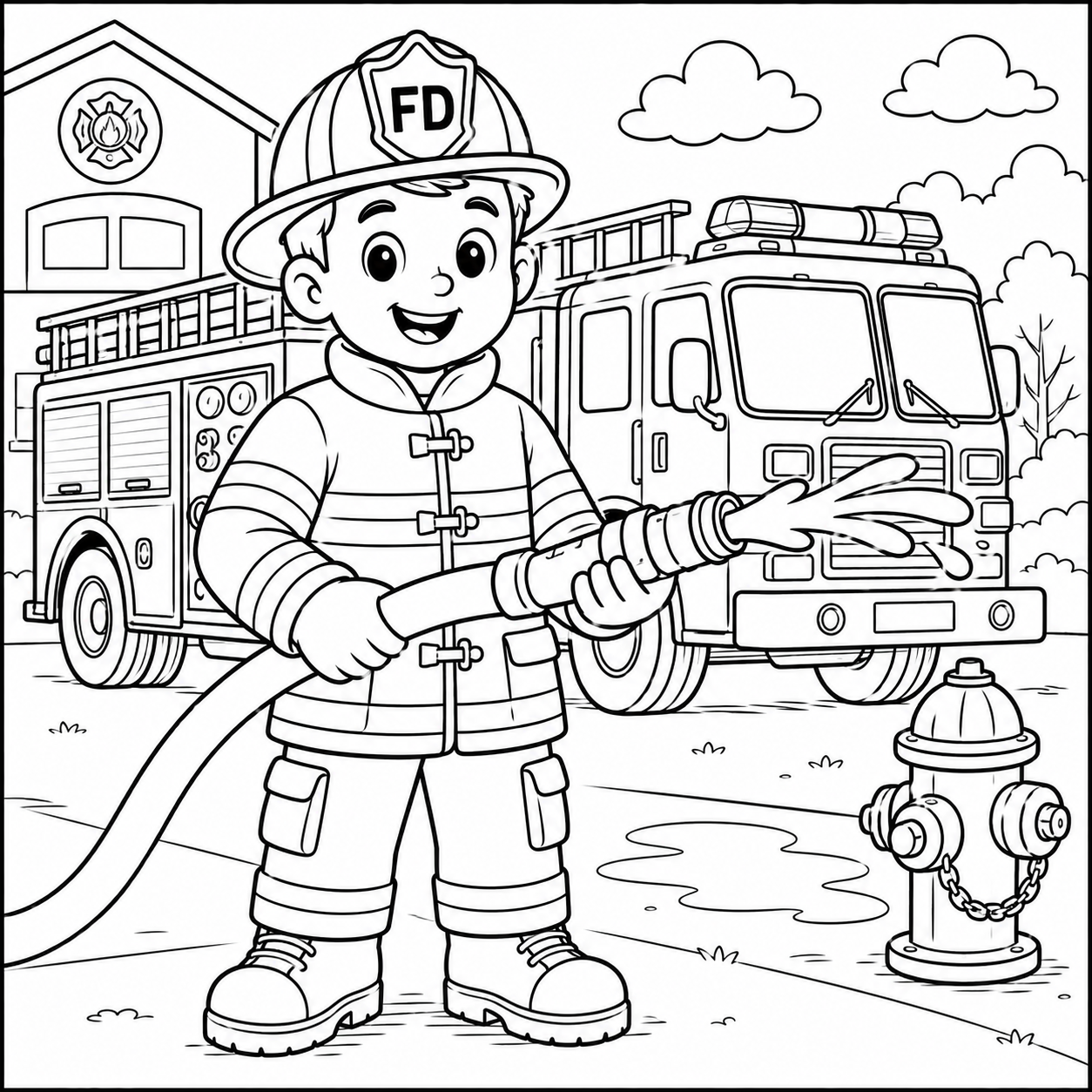 Brave Firefighter coloring page in full protective gear holding a fire hose with fire truck in background